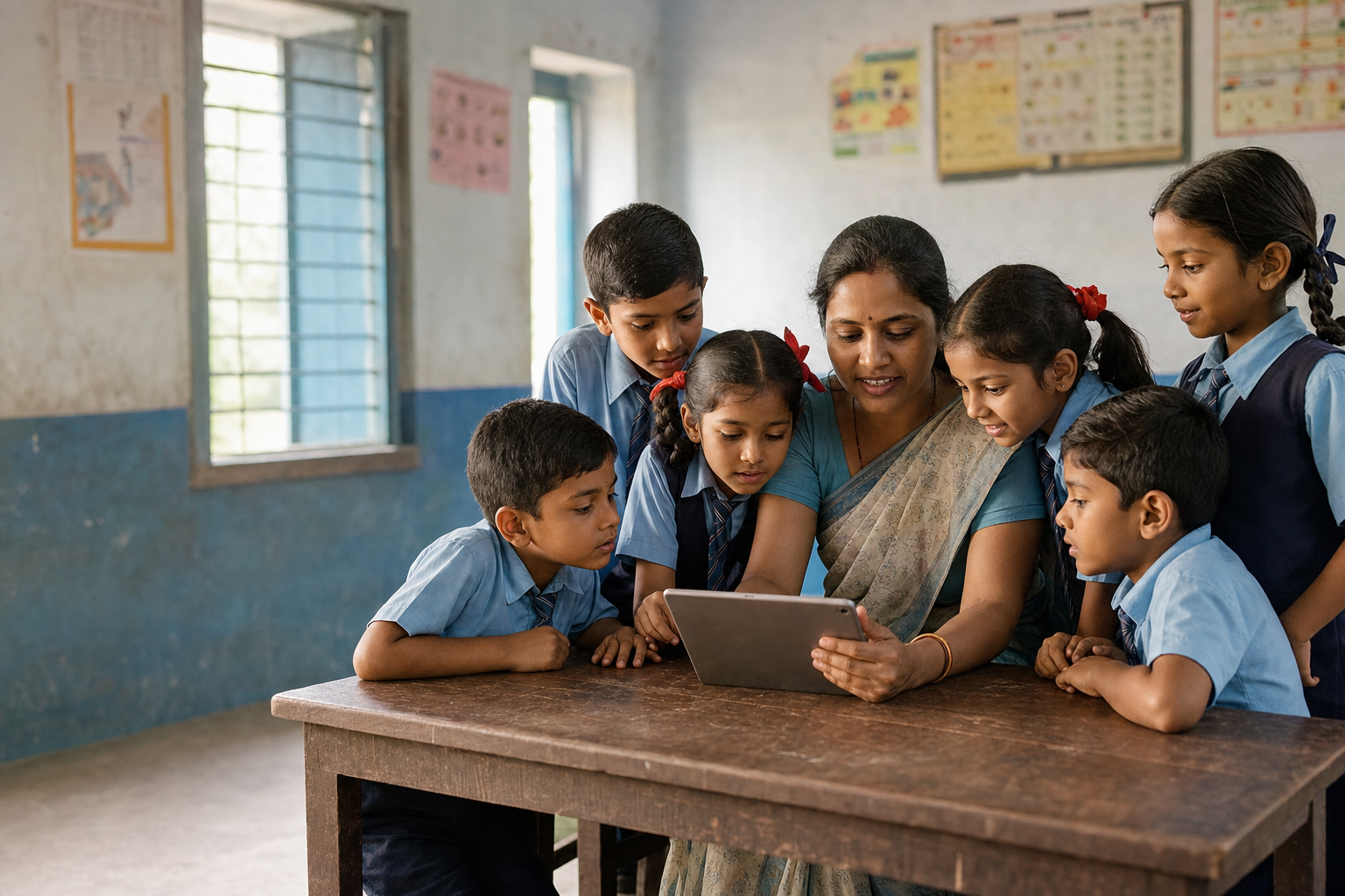 A teacher guiding schoolchildren as they learn together around a tablet